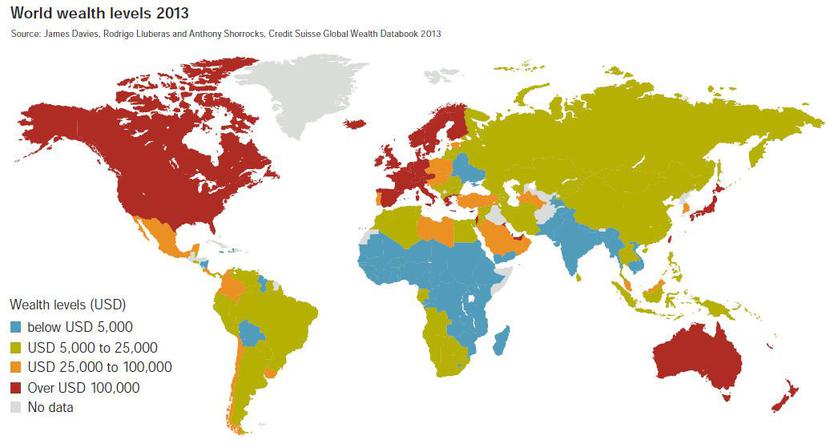 Mapa globalnego bogactwa wg Credit Suisse Mapa globalnego bogactwa wg Credit Suisse