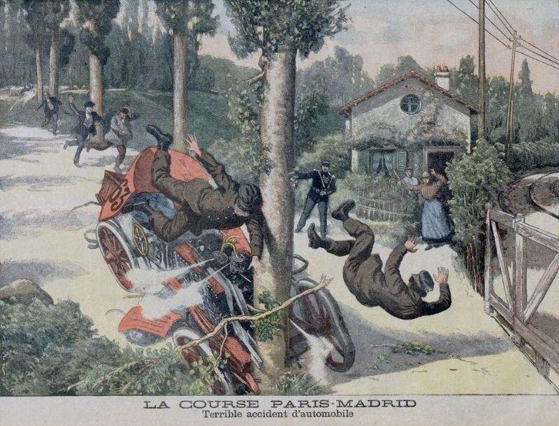 Katastrofa samochodowa wyścigu Paryż-Madryt - rycina w magazynie Le Petit Journal Supplément du Dimanche. Katastrofa samochodowa wyścigu Paryż-Madryt - rycina w magazynie Le Petit Journal Supplément du Dimanche.