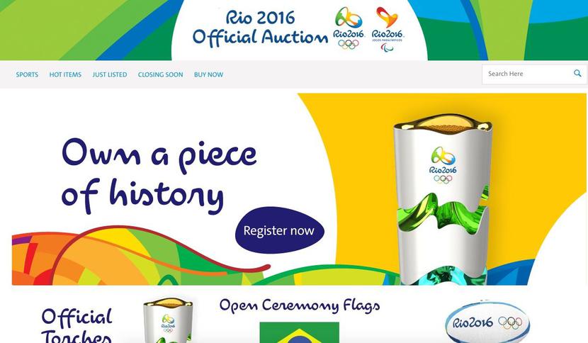Widok strony aukcyjnej z pamiątkami igrzysk w Rio de Janeiro Widok strony aukcyjnej z pamiątkami igrzysk w Rio de Janeiro