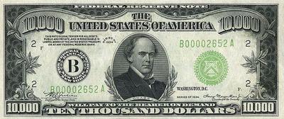 10 tys. dolarów amerykańskich. Ten najwyższy nominał faktycznie wprowadzony do obiegu w USA upamiętnia Salmona Chase’a, sekretarza skarbu z czasów administracji Abrahama Lincolna. Zasłużył się ona zaprojektowaniem pierwszego zestawu banknotów wyemitowanych w USA. Takich banknotów używa się do regulowania płatności pomiędzy bankami i dużymi przedsiębiorstwami.