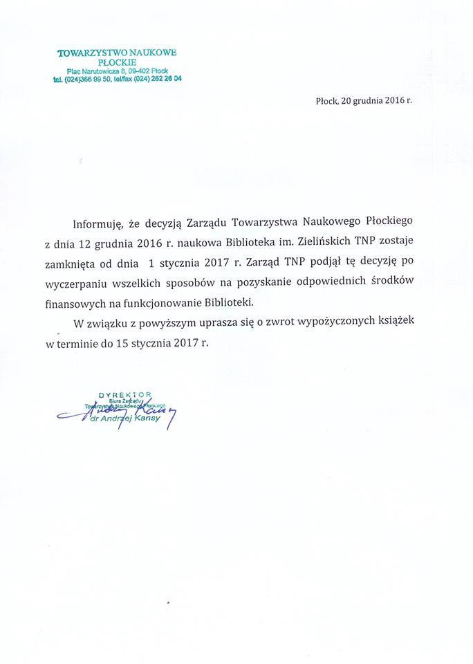 Ogłoszenie tej treści pojawiło się na stronach Towarzystwa. Wzywa ono korzystających z księgozbioru do szybkiego zwrotu książek. Ogłoszenie tej treści pojawiło się na stronach Towarzystwa. Wzywa ono korzystających z księgozbioru do szybkiego zwrotu książek.