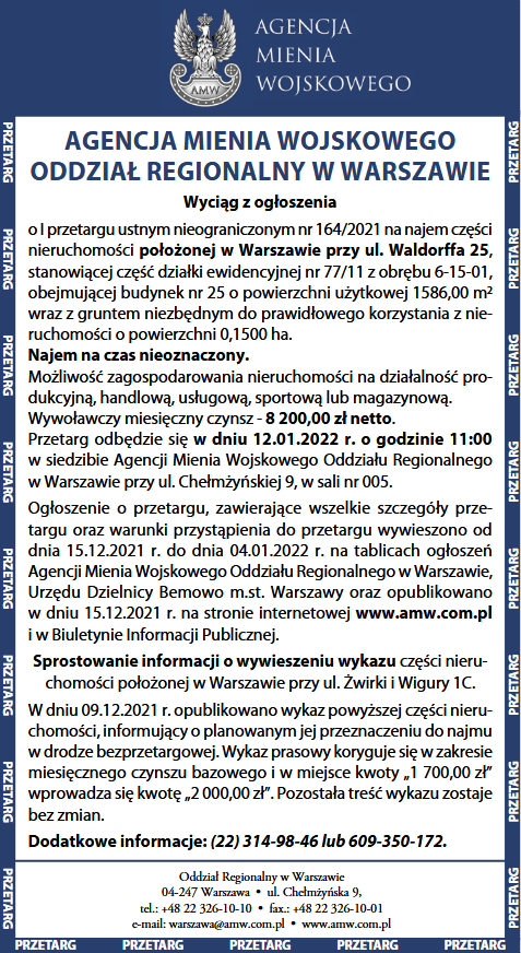 Amw Oddzia Regionalny W Warszawie Wyci G Z Og Oszenia O I Przetargu