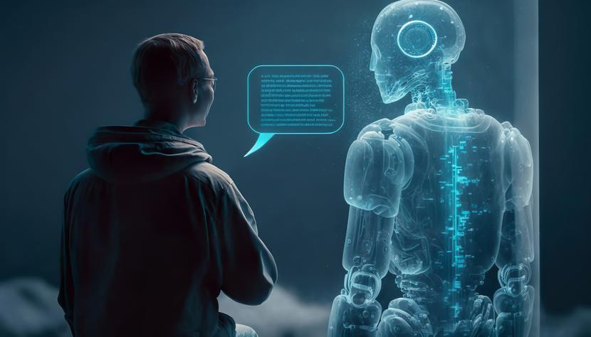 person talking with robotic ai.futuristic technology or machine learning concepts.ai generated images person talking with robotic ai.futuristic technology or machine learning concepts.ai generated images