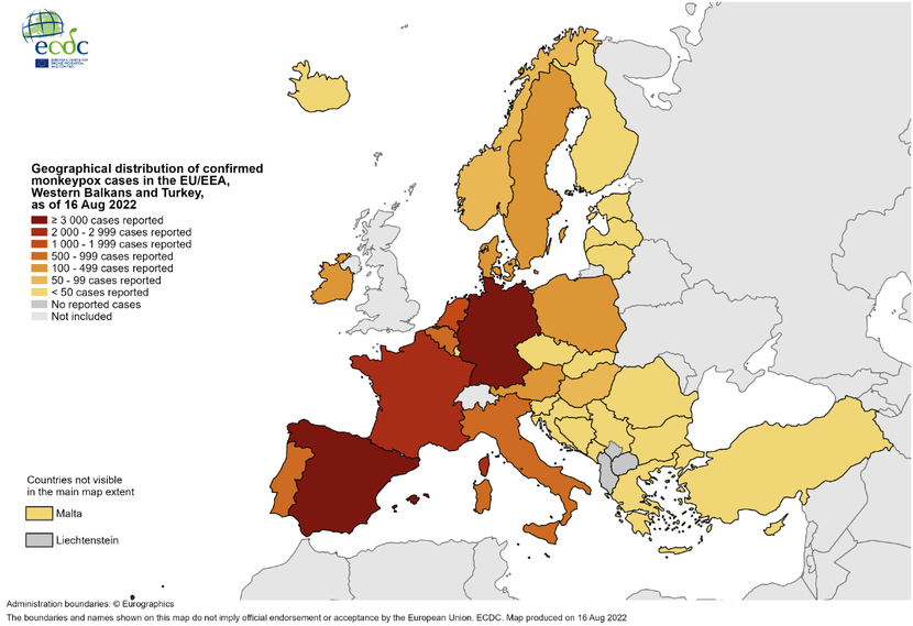Liczba potwierdzonych przypadków małpiej ospy w Europie