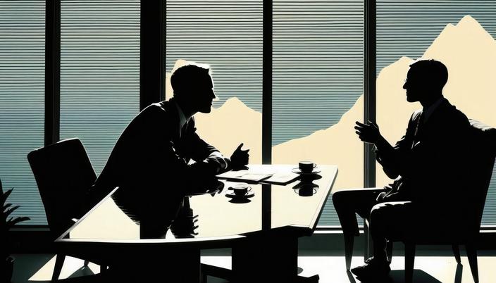 Two businessmen silhouettes negotiation in office across from panoramic window, two politicians discussing business and trying to agree, peace negotiations in office illustration, generative AI