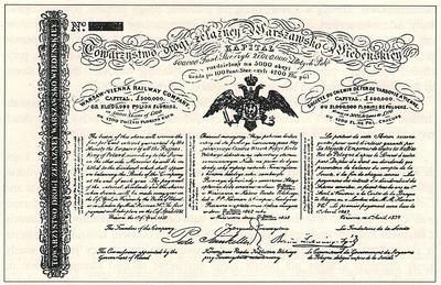 Akcja Towarzystwa drogi żelazney Warszawsko-Wiedeńskiej powstała w 1839 r. W ofercie publicznej nie udało się jednak zebrać koniecznej kwoty, więc budowę linii przejęło państwo. Kolejna spółka o tej nazwie weszła na rynek z sukcesem w 1859 r. a przed upaństwowieniem w 1911 r. jej akcje notowane były także w Brukseli i Berlinie gdzie ważyły na cały rynek.