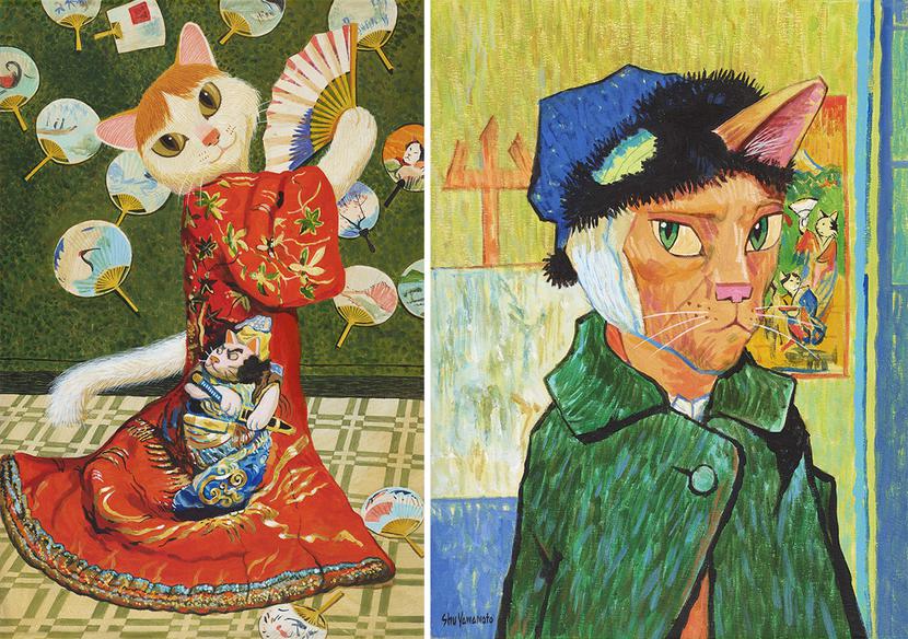 Obrazy z serii Cat Art stworzonej przez Shu Yamamoto:
