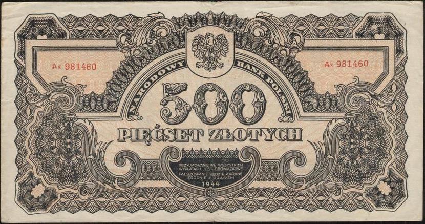 Najczęściej podrabiany banknot o nominale 500 zł. Widoczna klauzula prawna z rusycyzmem.